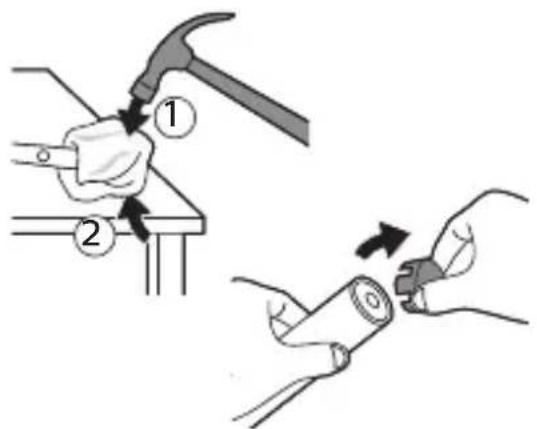 Diagram showing two-step installation of a hammer and a cylindrical component, labeled with step numbers 1 and 2.