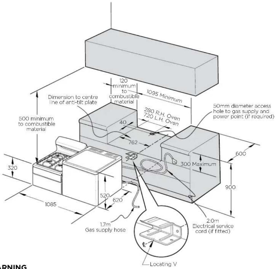 120 minimum to combustible material 1095 Minimum Dimension to centre line of anti-tilt plate 500 minimum to combustible material 40 762 280 R.H. Oven 720 L.H. Oven 50mm diameter access hole to gas supply and power point (if required) 300 Maximum 600 900 320 1085 520 620 1.7m Gas supply hose 2.0m Electrical service cord (if fitted) Locating V WARNING