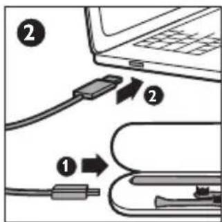 Diagram showing cable connection to laptop with labeled components: two connected cables and one attached device.