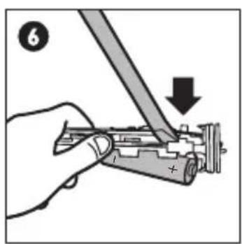 Diagram showing a hand using a tool to switch an electronic component, with a downward arrow indicating the process.