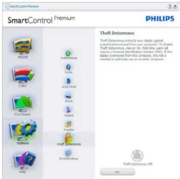 SmartControl Premium SmartControl Premium PHILIPS Thrift Detrence Thrift Detrence protects your display against authorized removal from your computer. To Enable Thrift Detrence, click on On. First-time users will require a Personal Identification Number (FRO). If the display is removed from this computer, the PSB is needed to authorize use on another computer. Thrift Detrence Off On