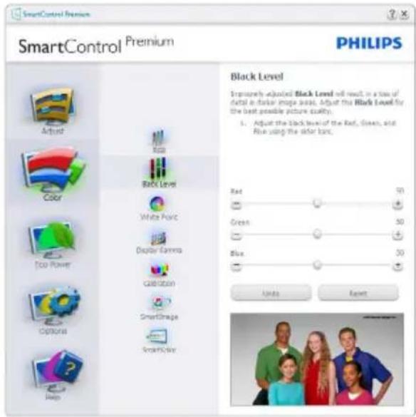 SmartControl Premium SmartControl Premium PHILIPS Black Level Improves the adjusted Black Level will result in a loss of detail in darker image bars, Adjust the Black Level for the best possible picture quality. 1. Adjust the Black level of the Red, Green, and Blue using the darker bars. Red 50 Green 30 Blue 30 Units Reset