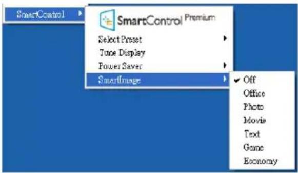 SmartControl SmartControl Premium Select Preset Tune Display Power Saver SmartImage Off Office Photo Movie Text Game Economy
