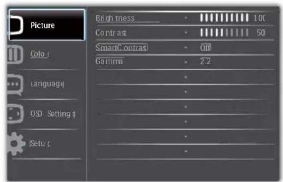 Picture Brighness 10C Contrast 50 SmartContrast 0.0 Gamma 2.2 Language O3D Setting $ Setu p