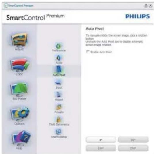 SmartControl Premium SmartControl Premium PHILIPS Auto Pivot To manually rotate the screen image, click a rotation button Unlock the Auto Pivot box to enable automatic screen-image rotations. Enable Auto Pivot 8" 90" 100" 270"