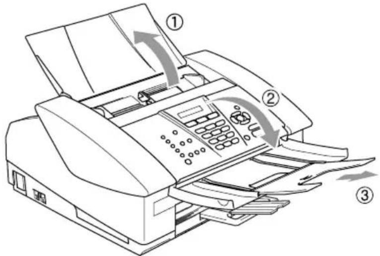 Diagram of a printer with labeled parts showing paper feeding, print, and printing steps
