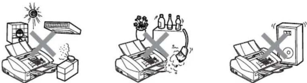Illustration showing three different printer printing processes with a sun icon and crossed-out X marks indicating no printing or disposal.