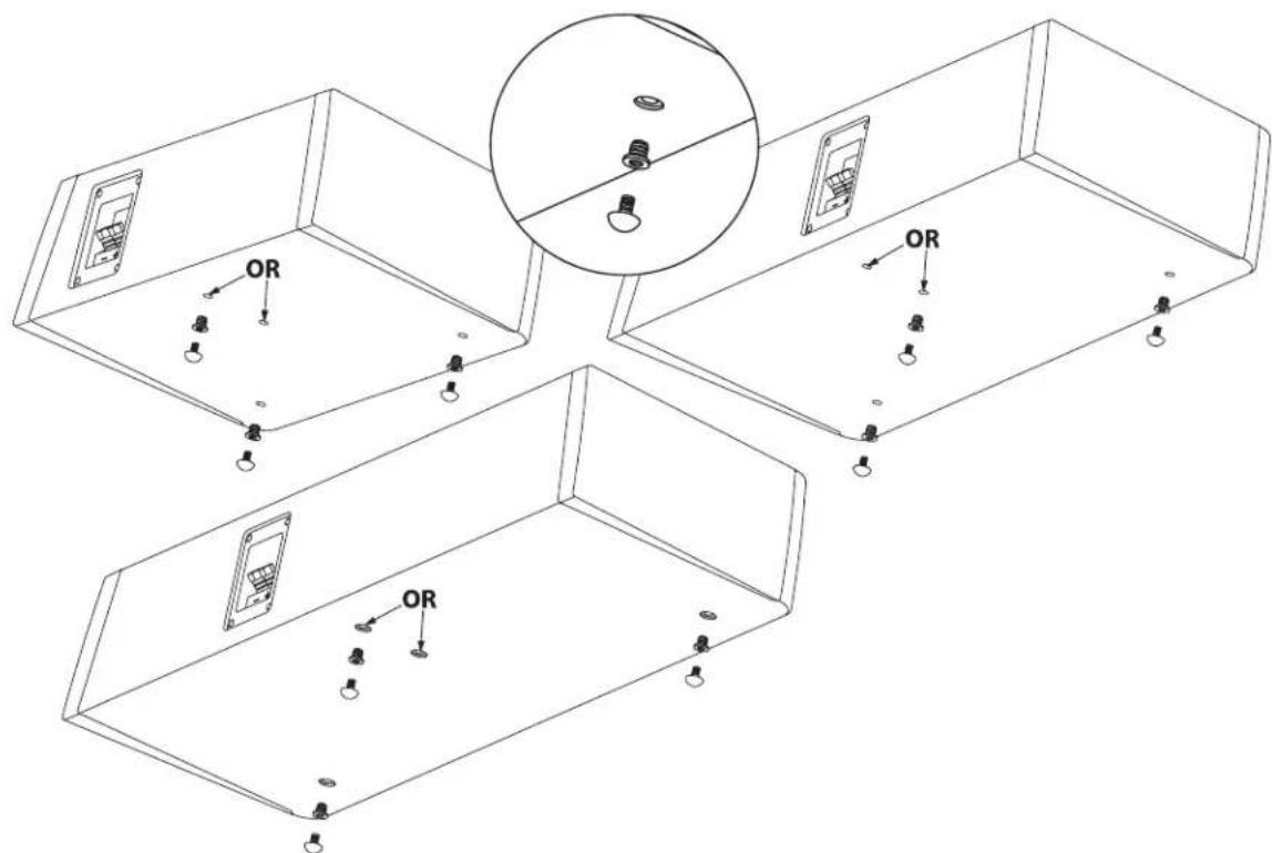 Technical diagram showing three views of a device with labeled OR indicators and mounting hardware, including a magnified inset.