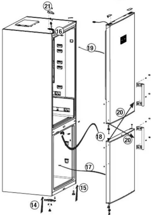 Technical diagram of a refrigerator interior with numbered components and wiring annotations