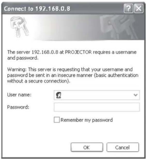 Connect to 192.168.0.8 The server 192.168.0.8 at PROJECTOR requires a username and password. Warning: This server is requesting that your username and password be sent in an insecure manner (basic authentication without a secure connection). User name: Password: Remember my password OK Cancel
