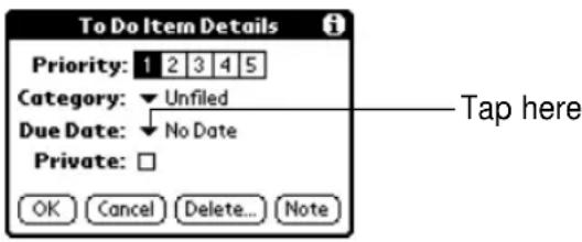 To Do Item Details Priority: 1 2 3 4 5 Category: ▼ Unfiled Due Date: ▼ No Date Private: □ OK Cancel Delete... Note Tap here