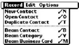 Record Edit Options New Contact ✓N Open Contact ✓O Duplicate Contact ✓T Beam Contact ✓B Beam Category ✓V Beam Business Card ✓M