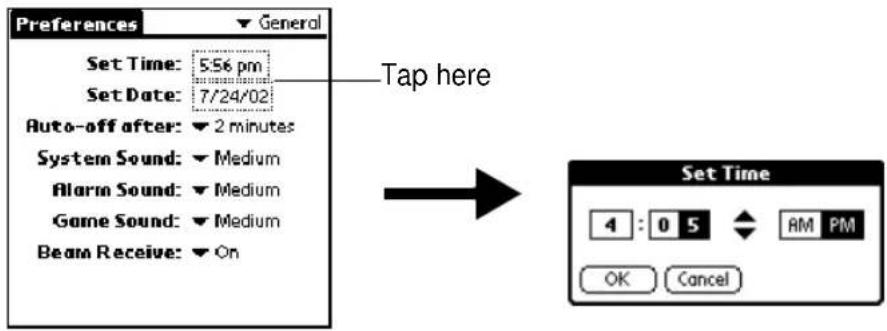 Preferences ▼ General Set Time: 5:56 pm Set Date: 7/24/02 Auto-off after: ▼ 2 minutes System Sound: ▼ Medium Alarm Sound: ▼ Medium Game Sound: ▼ Medium Beam Receive: ▼ On Tap here Set Time 4 : 0 5 ← AM PM OK Cancel