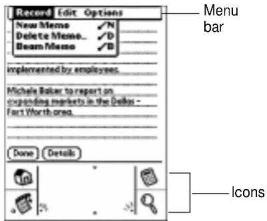 Record Edit Options New Memo ✓N Delete Memo... ✓D Beam Memo ✓D implemented by employees. Michele Baker to report on expanding markets in the Dallas - Fort Worth area. Done Details Menu bar Icons
