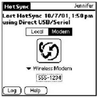 HotSync Jennifer Last HotSync 10/7/01, 1:50 pm using Direct USB/Serial Local Modem Wireless Modem 555-1234 Log Help