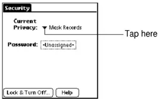 Security Current Privacy: Mask Records Password: -Unassigned- Lock & Turn Off... Help Tap here