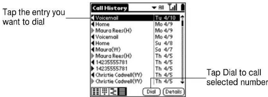 Tap the entry you want to dial Voicemail Tu 4/10 Home Mo 4/9 Maura Rees(H) Mo 4/9 Voicemail Mo 4/9 Home Su 4/8 Maura(W) Sa 4/7 Maura Rees(H) Th 4/5 14235555781 Th 4/5 14235555781 Th 4/5 Christie Cadwell(W) Th 4/5 Christie Cadwell(W) Th 4/5 Dial Details Tap Dial to call selected number
