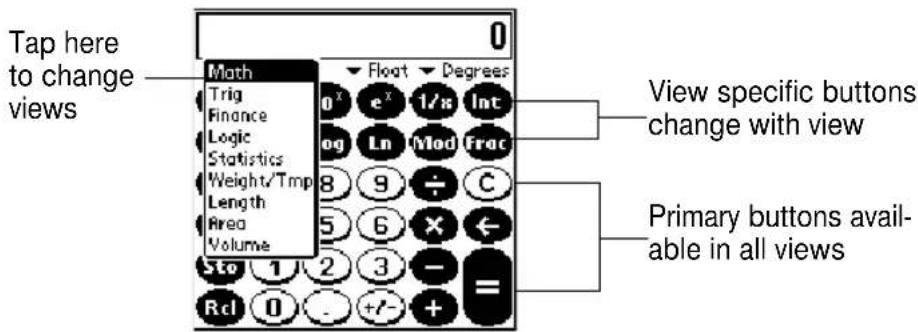 Tap here to change views Math Trig Finance Logic Statistics Weight/Tmp Length Area Volume 0° e° 1/8" Int log Ln Mod Frac View specific buttons change with view Primary buttons avail- able in all views