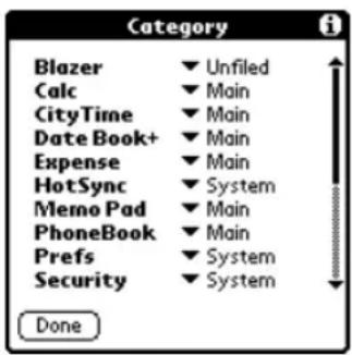 Category Blazer Calc CityTime Date Book+ Expense HotSync Memo Pad PhoneBook Prefs Security Done Unfiled Main Main Main Main System Main System System