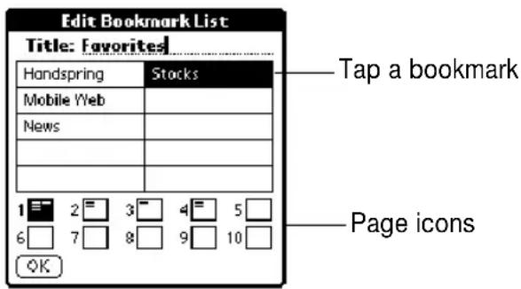 Edit Bookmark List Title: Favorites Handspring Stocks Mobile Web News 1 2 3 4 5 6 7 8 9 10 OK Tap a bookmark Page icons