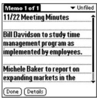 Memo 1 of 1 11/22 Meeting Minutes Bill Davidson to study time management program as implemented by employees. Michele Baker to report on expanding markets in the Done Details