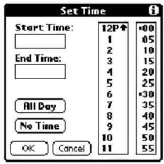 Set Time Start Time: 12P↑ -00 1 05 2 10 3 15 4 20 5 25 6 -30 7 35 8 40 9 45 10 50 11 55 All Day No Time OK Cancel