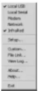 ✓ Local USB Local Serial Platform Network ✓ In-rolled Setup... Custom... File Link... View Log... About... Help... Exit