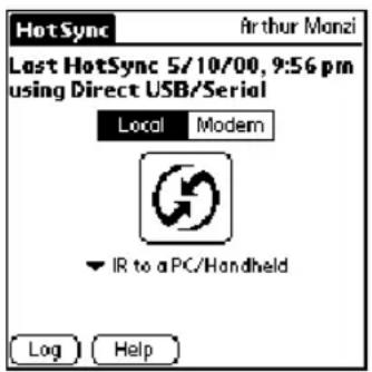 HotSync Last HotSync 5/10/00, 9:56 pm using Direct USB/Serial Local Modem IR to a PC/Handheld Log Help