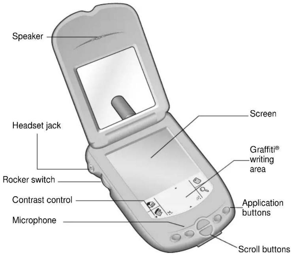 Speaker Headset jack Rocker switch Contrast control Microphone Screen Graffiti® writing area Application buttons Scroll buttons