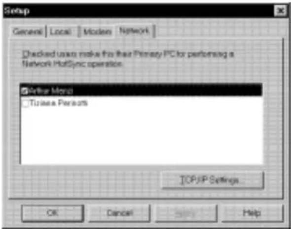 Setup General Local Modern Network Checked users make this their Primary PC for performing a Network HotSync operation. Arthur Moni Tirisea Persons TOP/IP Settings OK Cancel Save Help