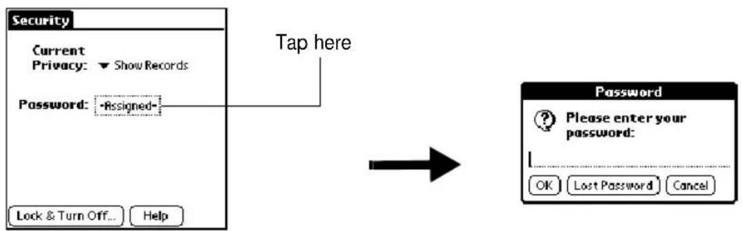 Security Current Privacy: ▼ Show Records Password: -Assigned* Lock & Turn Off... Help Tap here Password ? Please enter your password: I OK Lost Password Cancel
