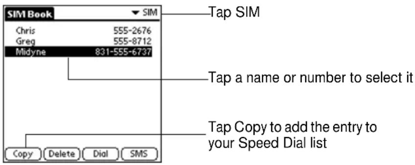 SIM Book Chris 555-2676 Greg 555-8712 Midyne 831-555-6737 Tap SIM Tap a name or number to select it Tap Copy to add the entry to your Speed Dial list Copy Delete Dial SMS