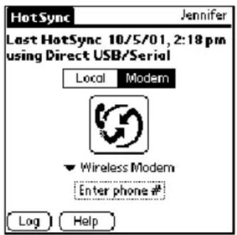 HotSync Jennifer Last HotSync 10/5/01, 2:18 pm using Direct USB/Serial Local Modem ▼ Wireless Modem Enter phone # Log Help