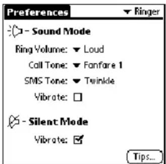 Preferences Sound Mode Ring Volume: ▼ Loud Call Tone: ▼ Fanfare 1 SMS Tone: ▼ Twinkle Vibrate: □ Silent Mode Vibrate: ✓ Tips...