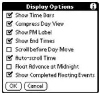 Display Options ✓ Show Time Bars ✓ Compress Day View ✓ Show PM Label ✓ Show End Times □ Scroll before Day Move ✓ Auto-scroll Time □ Float Advance at Midnight ✓ Show Completed Floating Events OK Cancel