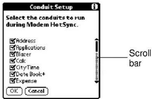 Conduit Setup Select the conduits to run during Modem HotSync. Address Applications Blazer Calc CityTime Date Book+ Expense OK Cancel Scroll bar