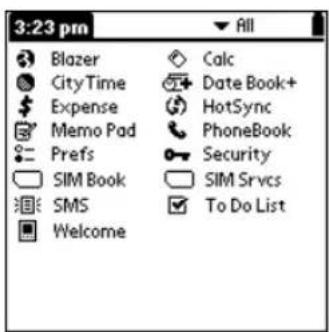 3:23 pm Blazer CityTime Expense Memo Pad Prefs SIM Book SMS Welcome Calc Date Book+ HotSync PhoneBook Security SIM Srvcsc To Do List