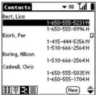 Contacts Best, Lisa 1-650-555-5231W 1-650-555-8996 H Bjork, Per 1-415-444-5356 W 1-510-666-2564 H Boring, Allison 1-510-666-2564 H Cadwell, Chris 1-650-555-5035 W 1-650-555-1704 H New