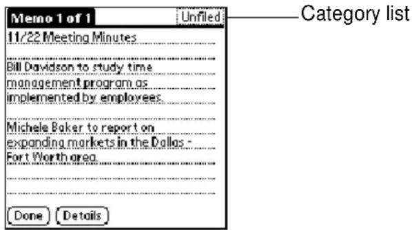 Memo 1 of 1 Unfiled Category list 11/22 Meeting Minutes Bill Davidson to study time management program as implemented by employees. Michele Baker to report on expanding markets in the Dallas - Fort Worth area. Done Details