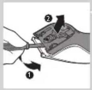 Diagram showing two hands holding a device with labeled parts, including arrows indicating motion or transformation.