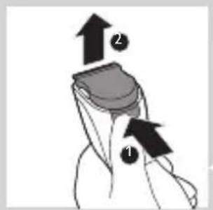 Diagram showing two labeled arrows pointing to a mechanical or anatomical component, with numbers 1 and 2 indicating directional movement.
