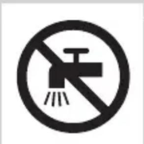 Prohibition sign with a faucet symbol and diagonal line, indicating no fire or water discharge.