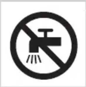 Prohibition sign with a faucet symbol and diagonal line, indicating no fire or water discharge.