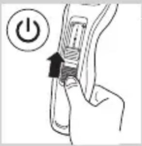 Diagram showing a hand pressing a button labeled 'Power' with an arrow indicating the action direction.