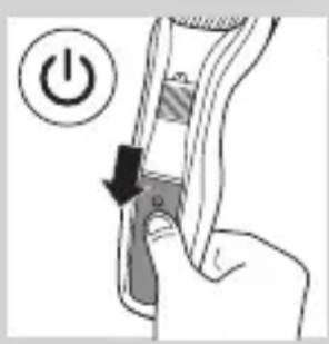 Diagram showing a hand pressing a button with a power symbol and arrow indicating action
