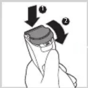 Diagram showing a person adjusting a device with labeled parts 1 and 2, indicating directional changes or states.