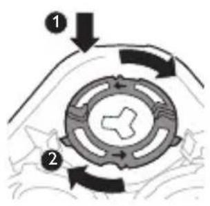 Diagram showing a circular mechanical or electrical component with labeled parts and directional arrows indicating motion or flow.