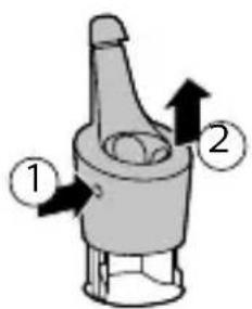 Diagram of a mechanical component with numbered parts and directional arrows indicating motion or force