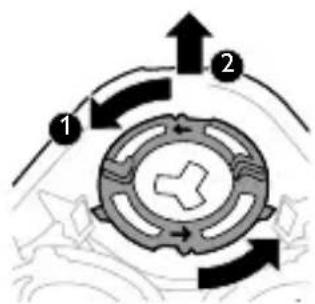 Diagram showing a mechanical or fluid system with labeled components and directional arrows indicating flow or movement.