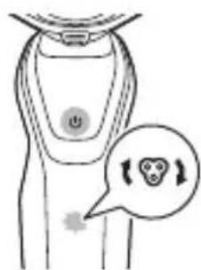 Diagram showing a device with a power button and a speech bubble containing three circular icons, indicating a warning or alert mechanism.